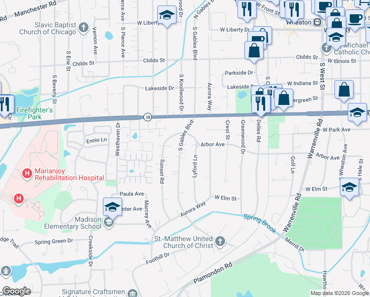 map of restaurants, bars, coffee shops, grocery stores, and more near 901 South Gables Boulevard in Wheaton