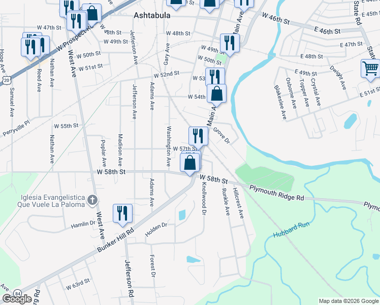 map of restaurants, bars, coffee shops, grocery stores, and more near 5727 McCreery Avenue in Ashtabula