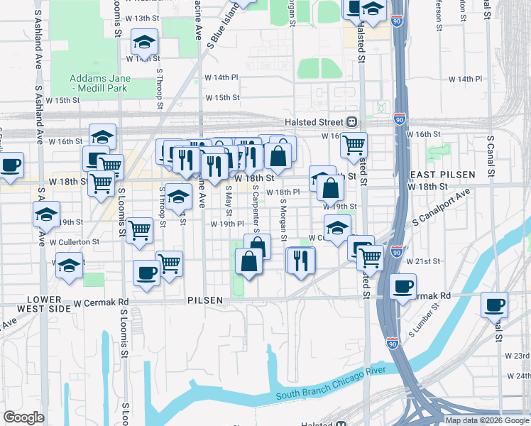 map of restaurants, bars, coffee shops, grocery stores, and more near in Chicago