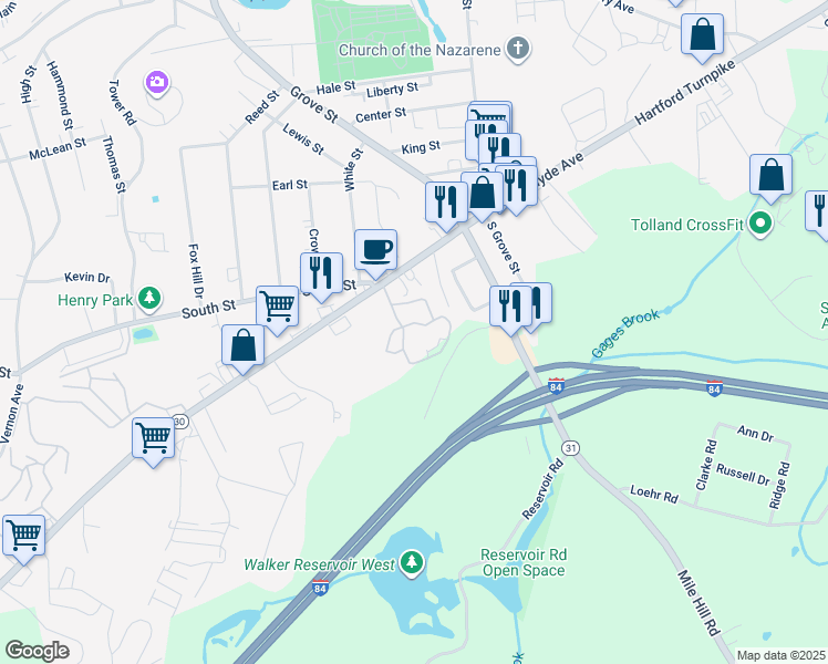 map of restaurants, bars, coffee shops, grocery stores, and more near 1238 Hartford Turnpike in Vernon