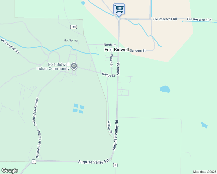 map of restaurants, bars, coffee shops, grocery stores, and more near 404 Willow Street in Fort Bidwell