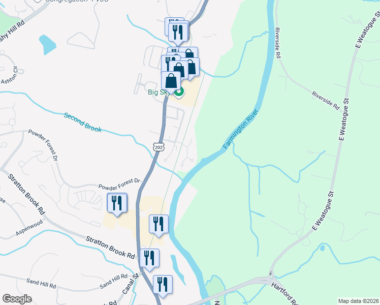 map of restaurants, bars, coffee shops, grocery stores, and more near 5 Riverview Circle in Simsbury