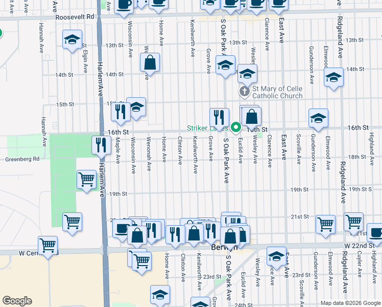 map of restaurants, bars, coffee shops, grocery stores, and more near 1800 Kenilworth Avenue in Berwyn