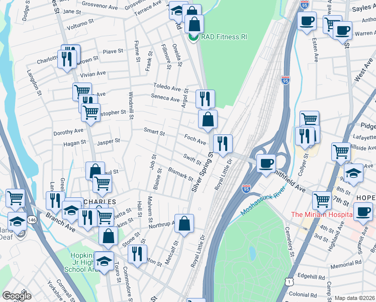 map of restaurants, bars, coffee shops, grocery stores, and more near 76 Swift Street in Providence