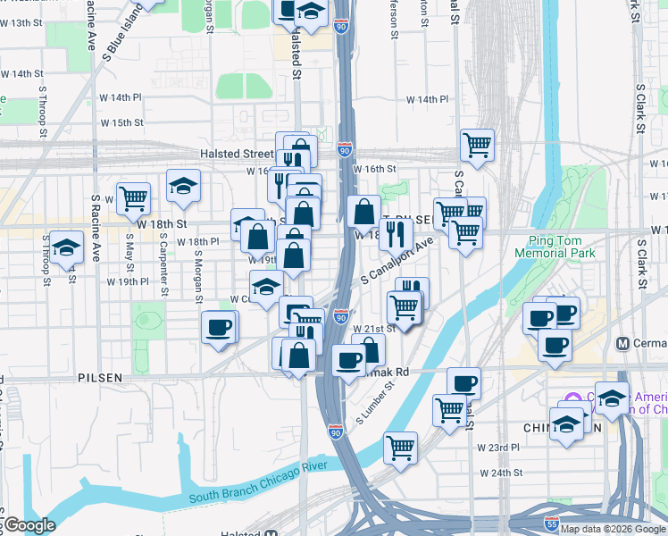 map of restaurants, bars, coffee shops, grocery stores, and more near 702 West 19th Place in Chicago