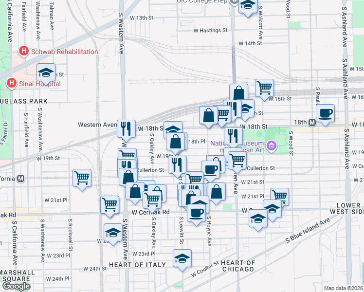 map of restaurants, bars, coffee shops, grocery stores, and more near 2200 West 19th Street in Chicago