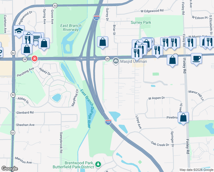 map of restaurants, bars, coffee shops, grocery stores, and more near 1268 Lawler Avenue in Lombard