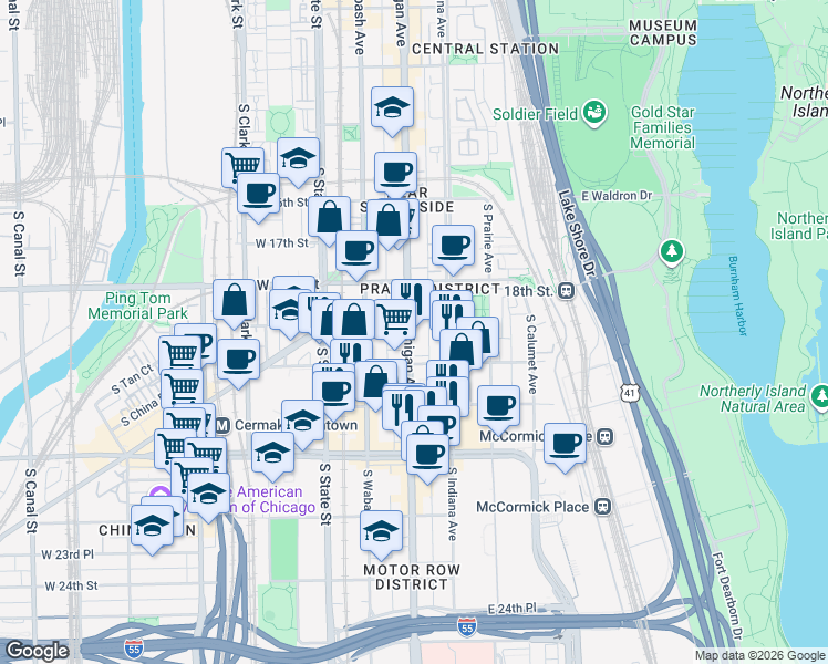 map of restaurants, bars, coffee shops, grocery stores, and more near 1925 South Michigan Avenue in Chicago