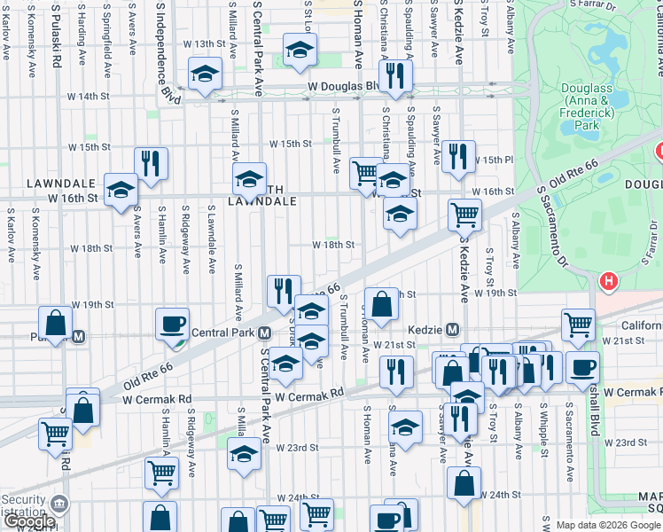 map of restaurants, bars, coffee shops, grocery stores, and more near 1833 South Saint Louis Avenue in Chicago