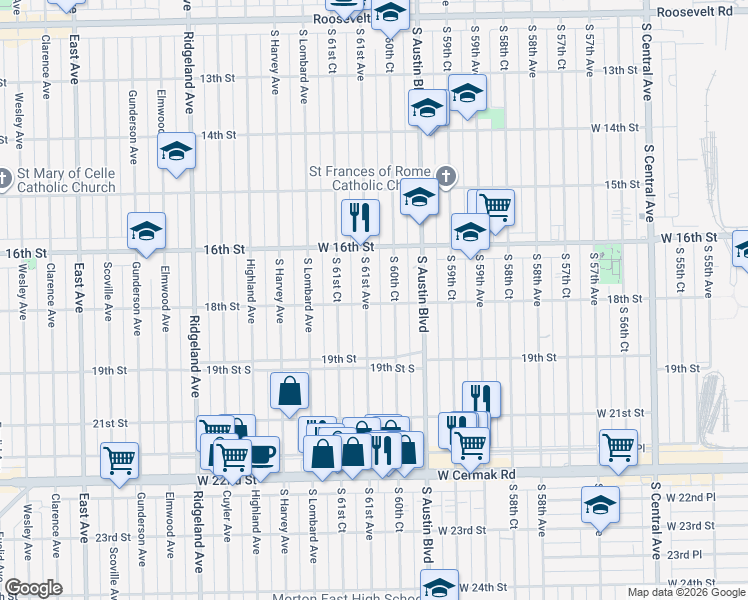 map of restaurants, bars, coffee shops, grocery stores, and more near 1804 South 60th Court in Cicero