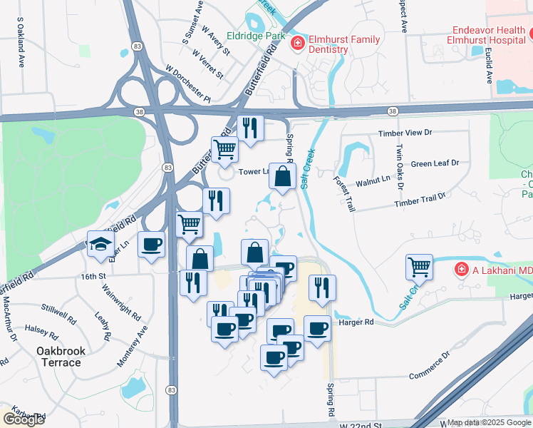 map of restaurants, bars, coffee shops, grocery stores, and more near 1 Oak Brook Club Drive in Oak Brook