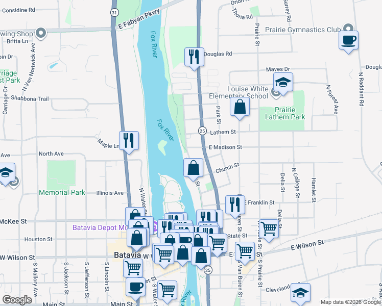 map of restaurants, bars, coffee shops, grocery stores, and more near 123 Fayette Street in Batavia
