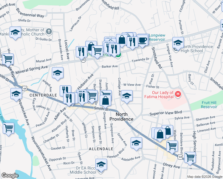 map of restaurants, bars, coffee shops, grocery stores, and more near 74 Sunset Avenue in North Providence