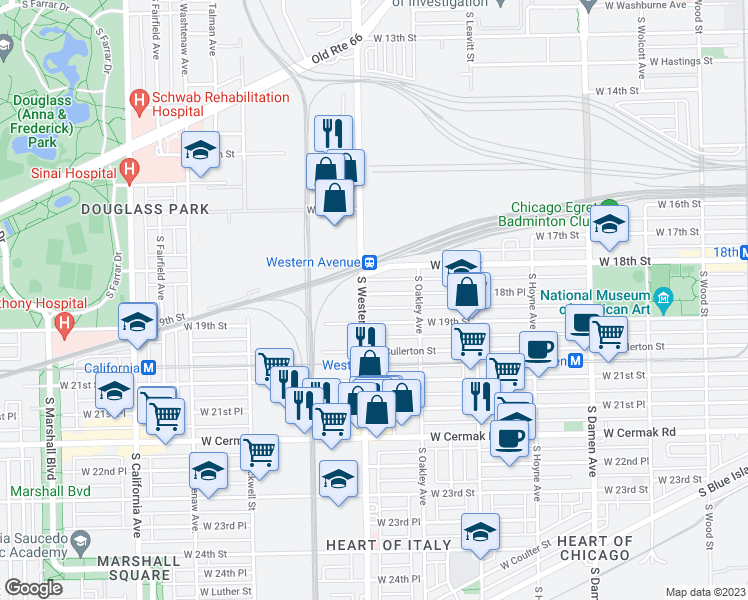 map of restaurants, bars, coffee shops, grocery stores, and more near 2349 West 18th Place in Chicago