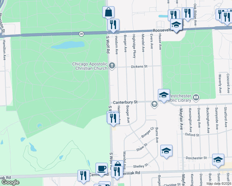 map of restaurants, bars, coffee shops, grocery stores, and more near 1541 South Wolf Road in Hillside