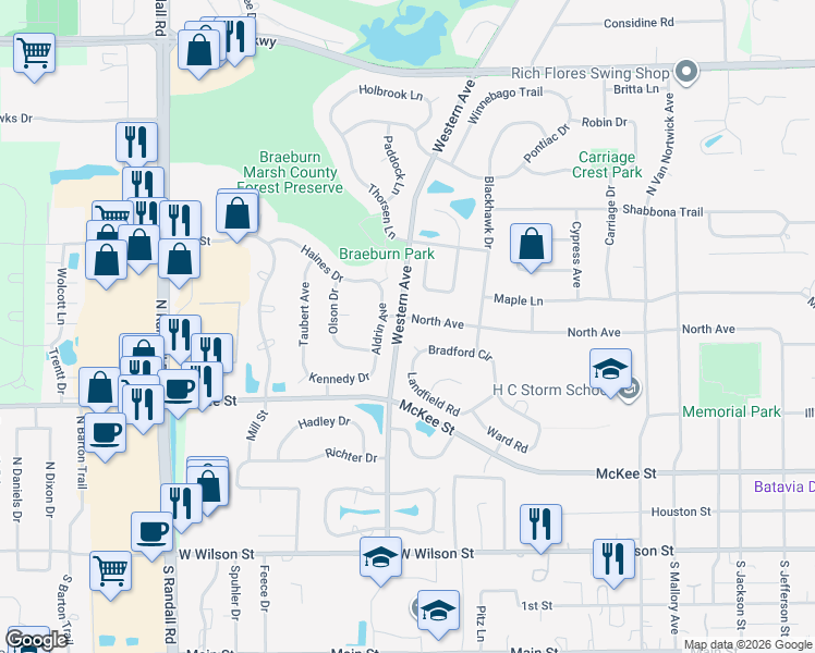 map of restaurants, bars, coffee shops, grocery stores, and more near 1249 Bradford Circle in Batavia