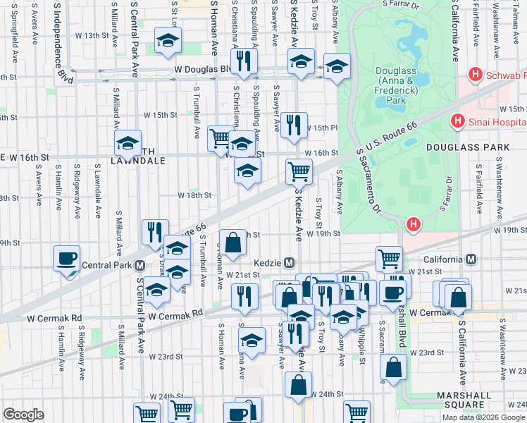 map of restaurants, bars, coffee shops, grocery stores, and more near 1817 South Spaulding Avenue in Chicago