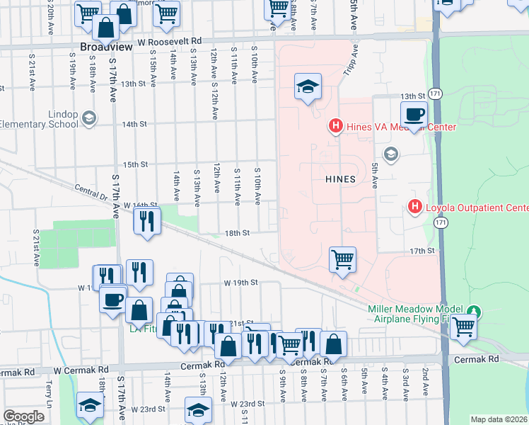 map of restaurants, bars, coffee shops, grocery stores, and more near 2624 South 10th Avenue in Broadview