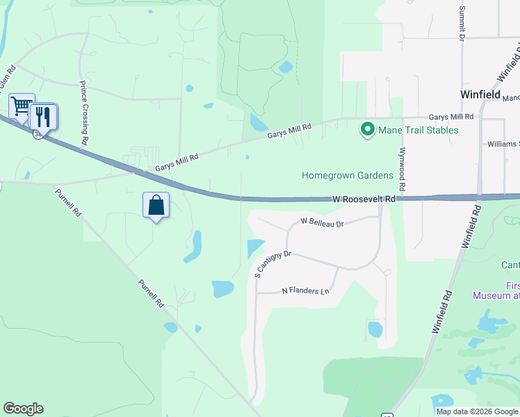 map of restaurants, bars, coffee shops, grocery stores, and more near 28W340 Picardy Court in Winfield
