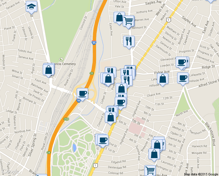 map of restaurants, bars, coffee shops, grocery stores, and more near 50 Ann Mary Street in Pawtucket
