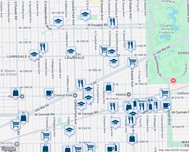 map of restaurants, bars, coffee shops, grocery stores, and more near 1822 South Trumbull Avenue in Chicago
