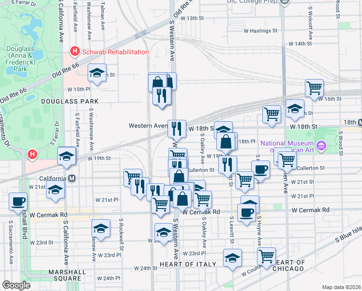 map of restaurants, bars, coffee shops, grocery stores, and more near 2349 West 18th Place in Chicago