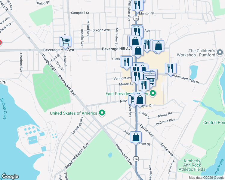 map of restaurants, bars, coffee shops, grocery stores, and more near 19 Lester Street in East Providence