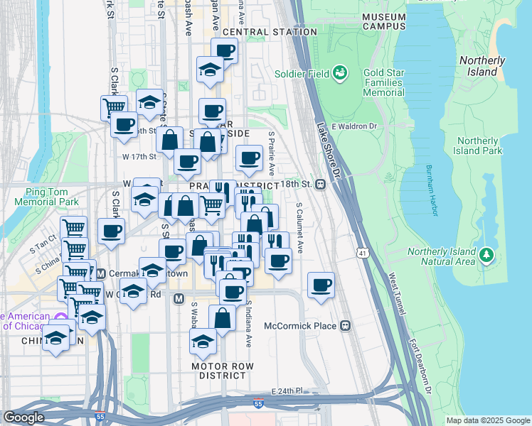 map of restaurants, bars, coffee shops, grocery stores, and more near 1952 South Prairie Avenue in Chicago