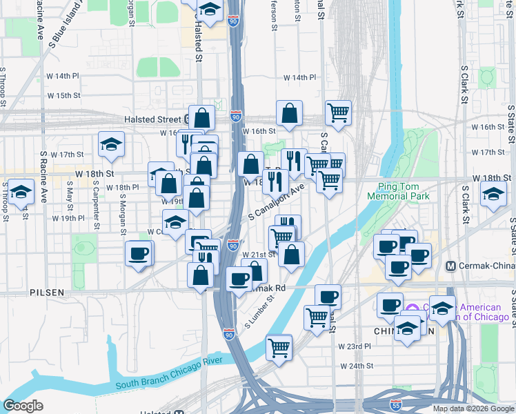 map of restaurants, bars, coffee shops, grocery stores, and more near 1949 South Canalport Avenue in Chicago