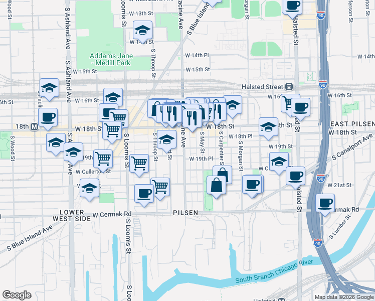 map of restaurants, bars, coffee shops, grocery stores, and more near 1160 West 19th Place in Chicago