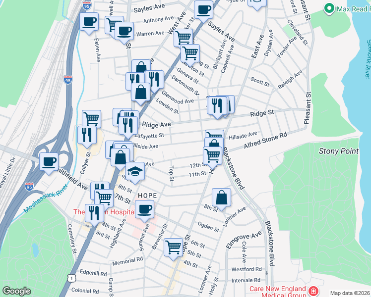 map of restaurants, bars, coffee shops, grocery stores, and more near 101 Hillside Avenue in Pawtucket