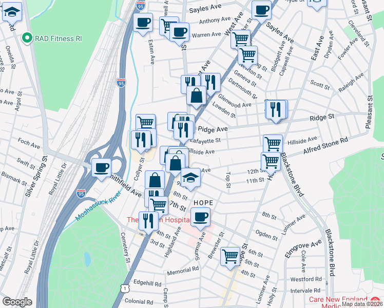 map of restaurants, bars, coffee shops, grocery stores, and more near 16 Greaton Drive in Providence