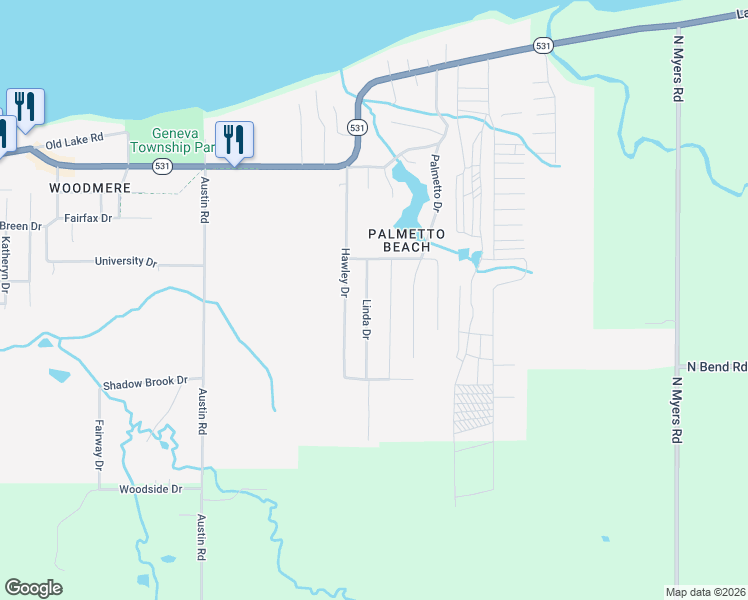 map of restaurants, bars, coffee shops, grocery stores, and more near 4828 Linda Drive in Geneva