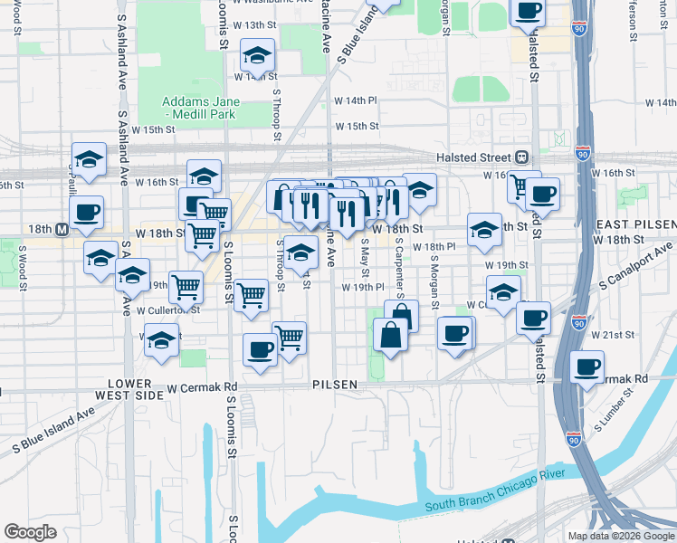 map of restaurants, bars, coffee shops, grocery stores, and more near 1160 West 19th Place in Chicago