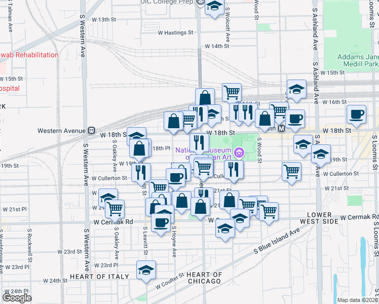 map of restaurants, bars, coffee shops, grocery stores, and more near 2012 West 19th Street in Chicago