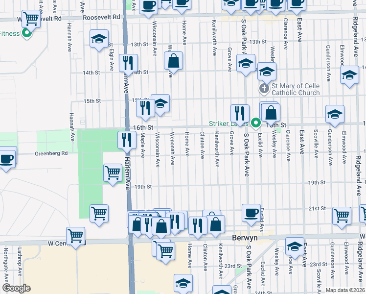 map of restaurants, bars, coffee shops, grocery stores, and more near 1645 Wenonah Avenue in Berwyn