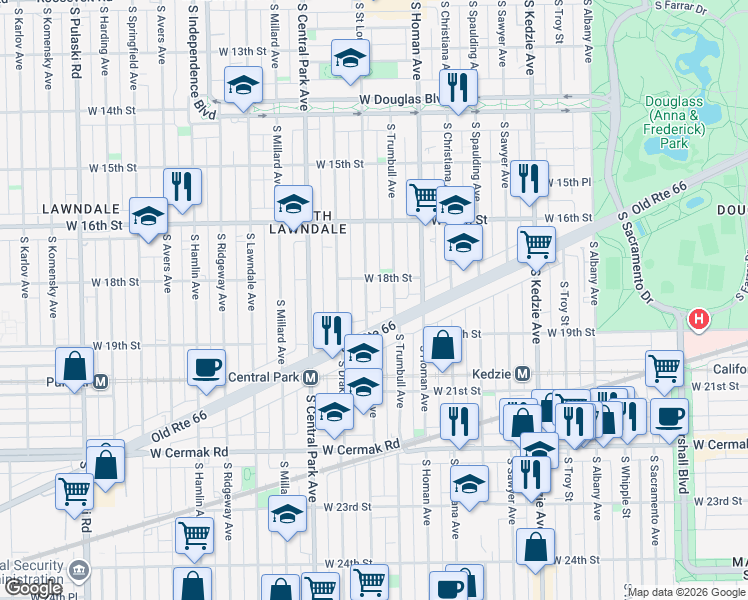 map of restaurants, bars, coffee shops, grocery stores, and more near 1833 South Saint Louis Avenue in Chicago
