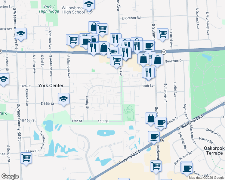 map of restaurants, bars, coffee shops, grocery stores, and more near 18W068 Standish Lane in Villa Park