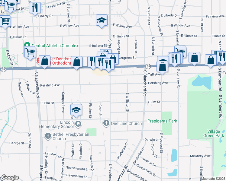 map of restaurants, bars, coffee shops, grocery stores, and more near 1003 South President Street in Wheaton