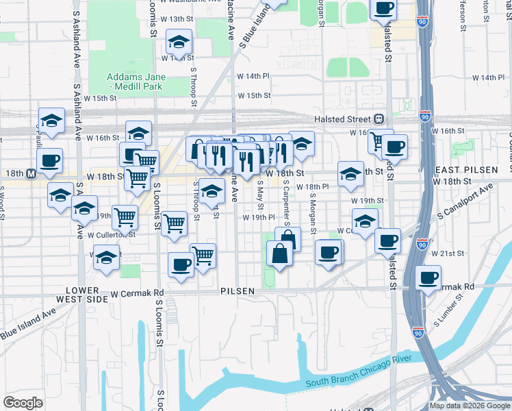 map of restaurants, bars, coffee shops, grocery stores, and more near 1160 West 19th Place in Chicago