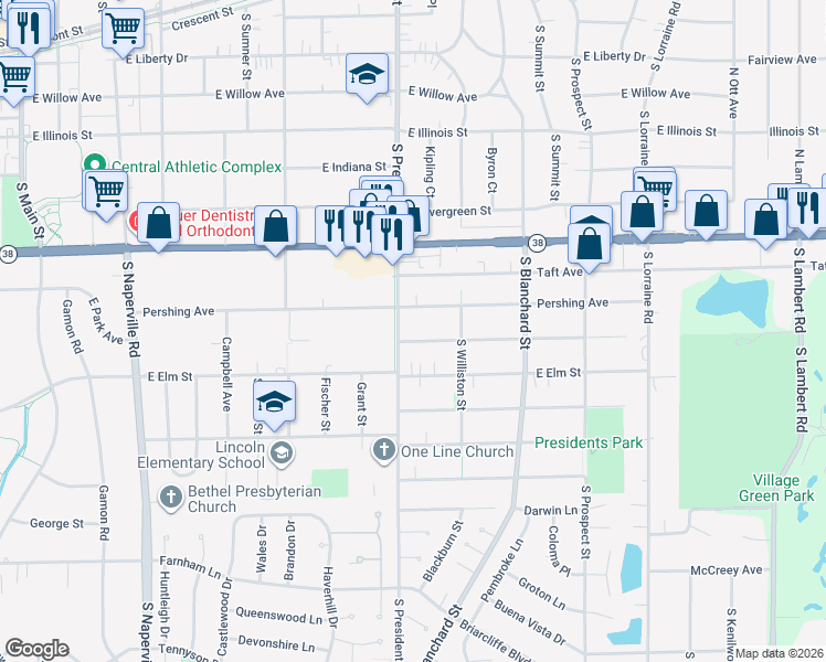 map of restaurants, bars, coffee shops, grocery stores, and more near 1003 South President Street in Wheaton