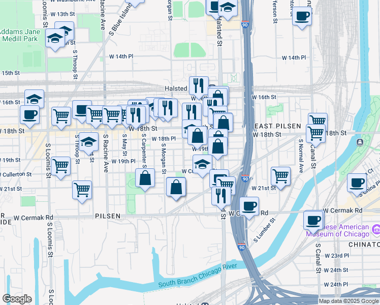 map of restaurants, bars, coffee shops, grocery stores, and more near 919 West 19th Place in Chicago