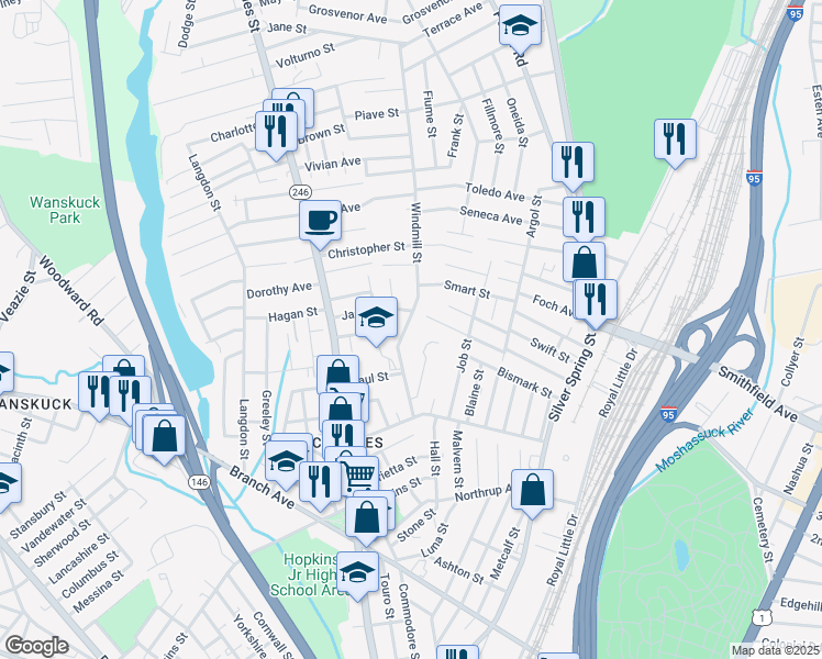 map of restaurants, bars, coffee shops, grocery stores, and more near 91 Windmill Street in Providence