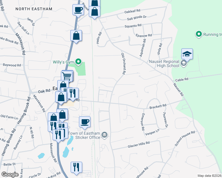 map of restaurants, bars, coffee shops, grocery stores, and more near 900 Old Orchard Road in Eastham