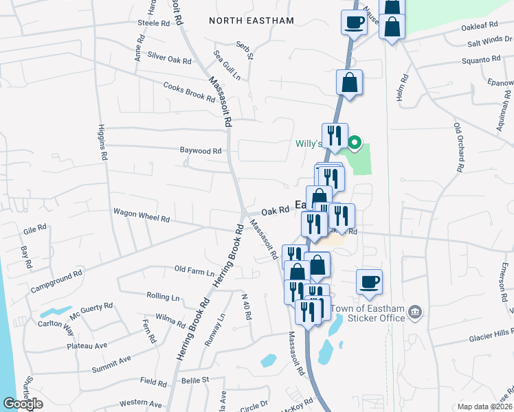 map of restaurants, bars, coffee shops, grocery stores, and more near 580 Massasoit Road in Eastham