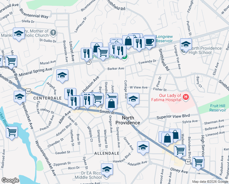 map of restaurants, bars, coffee shops, grocery stores, and more near 74 Sunset Avenue in North Providence