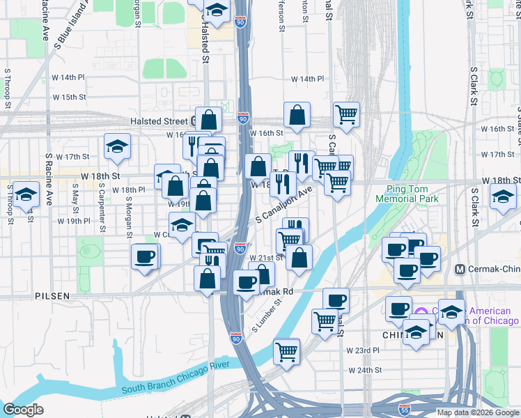 map of restaurants, bars, coffee shops, grocery stores, and more near 1949 South Canalport Avenue in Chicago