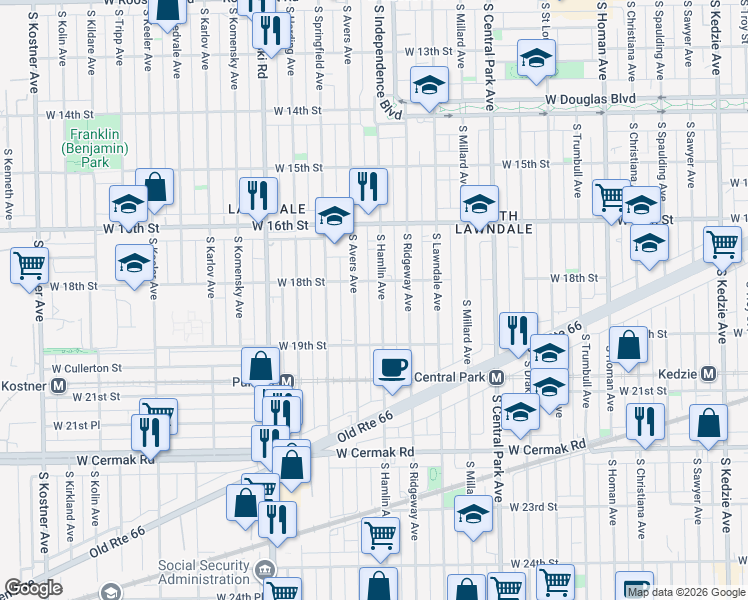 map of restaurants, bars, coffee shops, grocery stores, and more near 1838 South Hamlin Avenue in Chicago