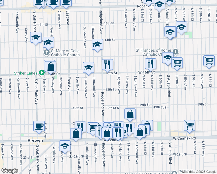 map of restaurants, bars, coffee shops, grocery stores, and more near 1800 Cuyler Avenue in Berwyn