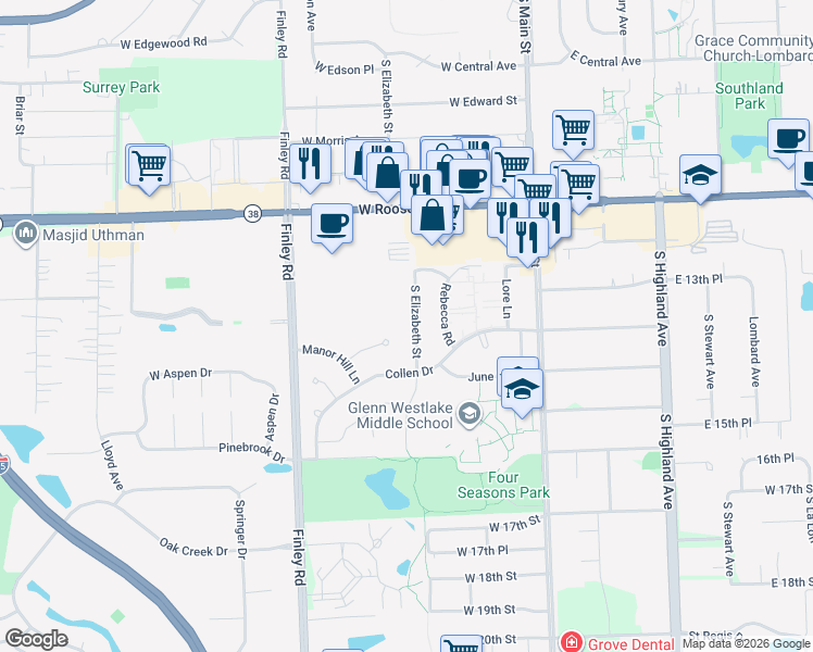 map of restaurants, bars, coffee shops, grocery stores, and more near 309 Manor Hill Court in Lombard